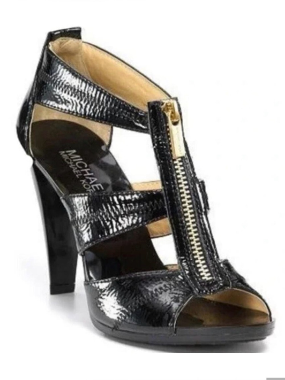 MICHAEL Michael Kors Berkley Black Patent Leather T-Strap Zip Heels - Size 6M